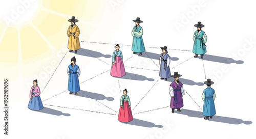 Diverse Korean People Connected in Network, Traditional Hanbok Outfits, Sun Rays
