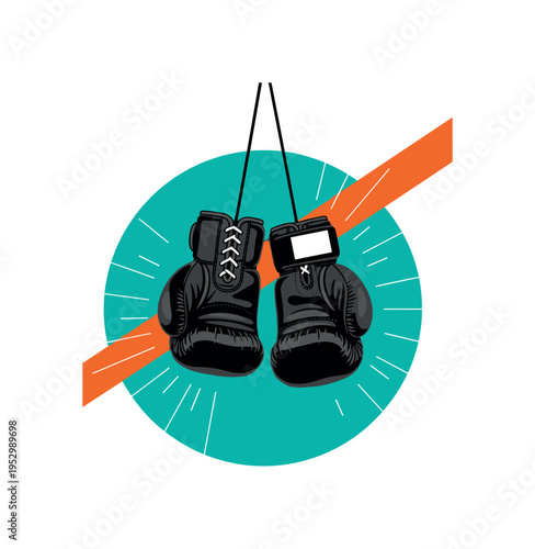 Black and white minimalist boxing gloves made of leather suspended mid-air, bright teal circular backdrop isolating the pair, sharp orange rectangular accent