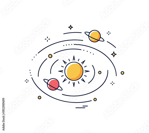 Solar system overview highlighting a bright sun with two orbiting planets and subtle trajectory lines, representing structure, gravity, and universal