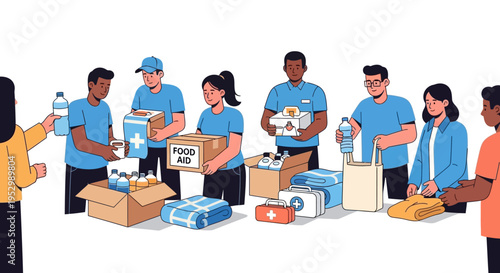 Volunteers Distributing Humanitarian Aid Boxes and Supplies