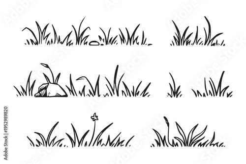 Hand-Drawn Grass and Rock Elements Vector Set for Nature-Themed Illustration Designs