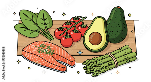 A colorful illustration of fresh vegetables and salmon on a wooden board, featuring a modern flat design style