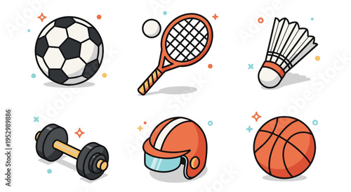 A colorful collection of sports icons featuring a soccer ball, tennis racket, badminton shuttlecock, dumbbell, helmet, and basketball in a playful style