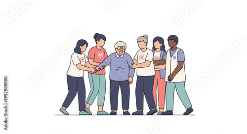 Diverse volunteers support elderly man, community care, helping hands