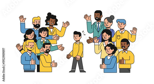 Diverse Group Welcomes Newcomer with Open Arms, Illustration