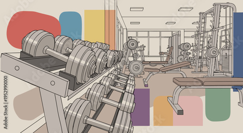 A modern gym interior featuring a row of dumbbells and exercise equipment in a minimalist style