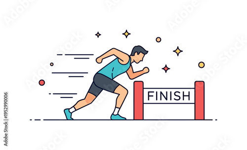 Final stretch sprint moment featuring a determined athlete leaning forward toward a bold finish line icon representing resilience and mental toughness. Small