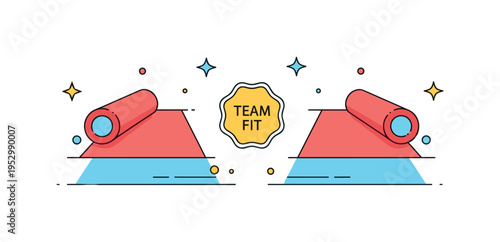 Home workout challenge two yoga mats facing each other with small star accents and a central badge labeled Team Fit, expressing connection and shared progress.
