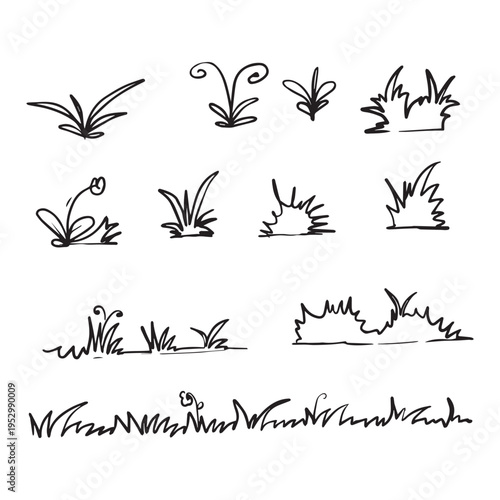 Hand-Drawn Grass and Rock Elements Vector Set for Nature-Themed Illustration Designs