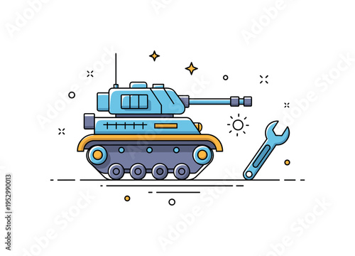 Tank maintenance concept showing a simplified armored vehicle with a small wrench icon representing engineering support and technical service. Clean geometric