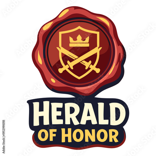 Vintage heraldic emblem design with crossed swords and crown inside a shield on a wax seal style logo