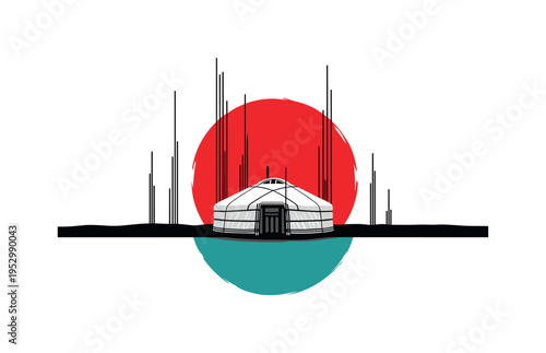 Black and white yurt placed alone in open steppe, bold red sun-like circle oversized behind structure, teal half circle at base, abstract vertical lines