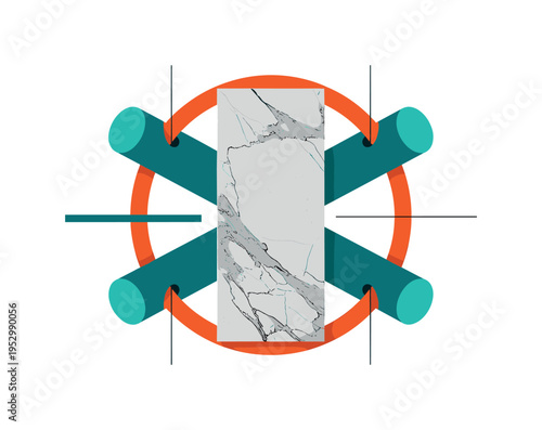 monochrome new marble countertop slab displayed vertically, framed by bold orange circular frame and teal cylindrical shapes intersecting edges, abstract flat
