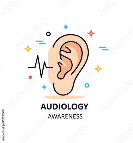 Audiology awareness icon with a stylized ear and subtle waveform detail expressing sound health, hearing care, and professional support. Clean geometry