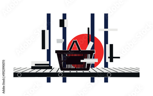 Black and white shopping basket placed on conveyor belt, bold red sun-like disc partially hidden behind the basket, deep navy vertical lines reinforcing
