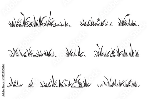 Hand-Drawn Grass and Rock Elements Vector Set for Nature-Themed Illustration Designs