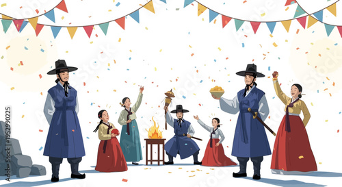 Korean Traditional Celebration: People in Hanbok with Confetti and Banners