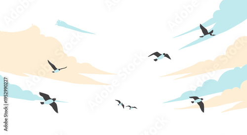 Flock of Birds Flying in a Cloudy Sky, Freedom, Nature