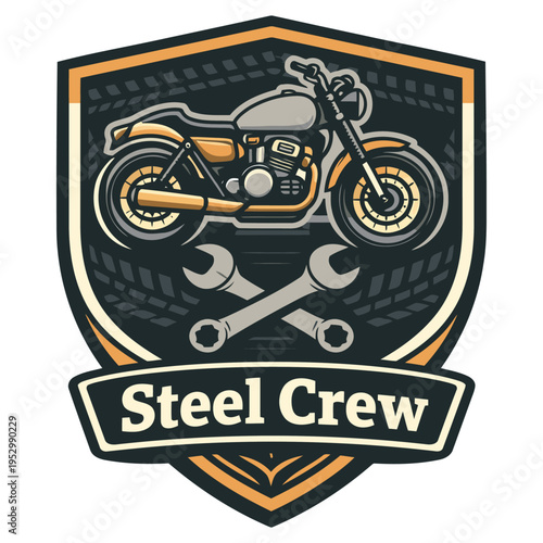 Vintage motorcycle logo design with crossed wrenches and shield emblem perfect for biker clubs and repair shops