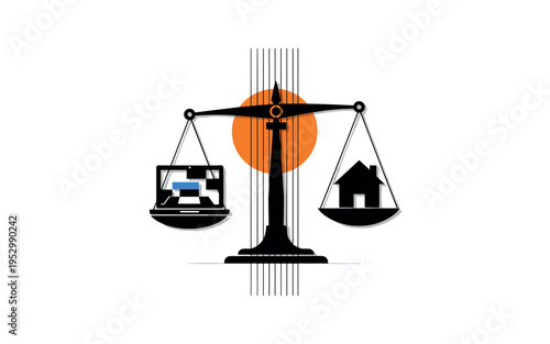 Black and white scale perfectly balanced, one side holding a laptop icon formed by geometric rectangles, the other side holding a simple house silhouette,