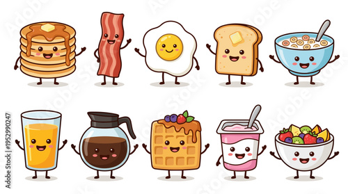Cartoon breakfast foods with smiling faces