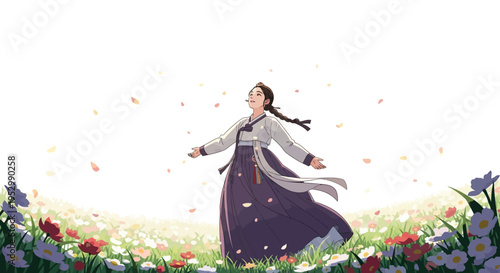 Woman in Hanbok, Korean traditional dress, happy in flower field