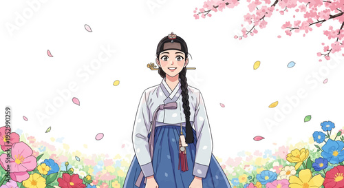 Korean Woman in Hanbok, Cherry Blossoms, and Spring Flowers