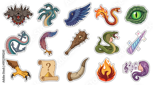 Collection of fantasy creatures and magical symbols
