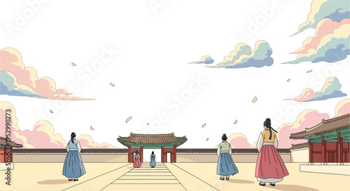 Traditional Korean Palace Courtyard with People in Hanbok