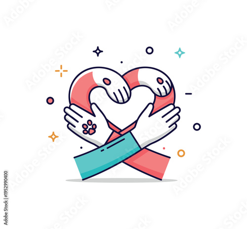 Heartwarming pet embrace concept featuring intertwined arms and paws forming a subtle heart shape silhouette, representing unconditional love and loyalty. The