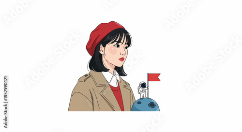 Woman in Beret and Coat Looks at Astronaut Planting Flag on Moon