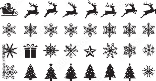 Christmas silhouette icons featuring reindeer snowflakes gifts and trees