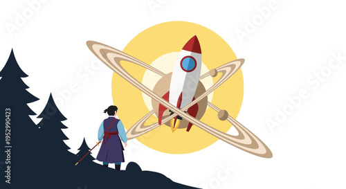 Samurai Warrior Gazing at Rocket Launch, Space Exploration Concept