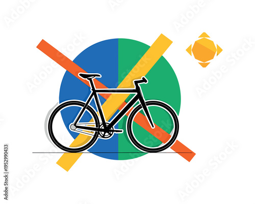 Realistic black and white bicycle in side view, bold cobalt green circle behind wheels, bright orange diagonal bar creating dynamic balance, minimal geometric