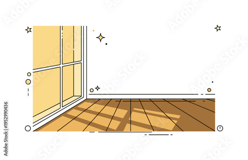 Golden sunlight through window panes onto a wooden floor with gentle shadow lines suggesting peaceful morning ambiance and natural warmth. Balanced geometric