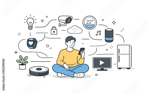 Internet of things connected devices. Calm editorial scene showing a person surrounded by smart home devices connected by soft lines, sense of control and