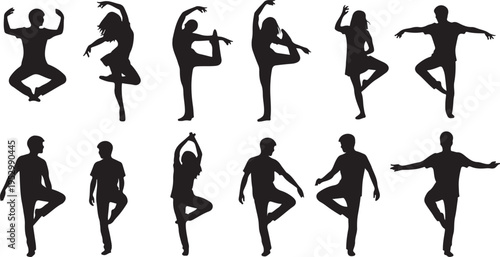 Silhouette of various yoga poses and dancers in different positions