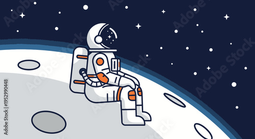 Astronaut sitting on moon, looking at starry night sky, space exploration concept