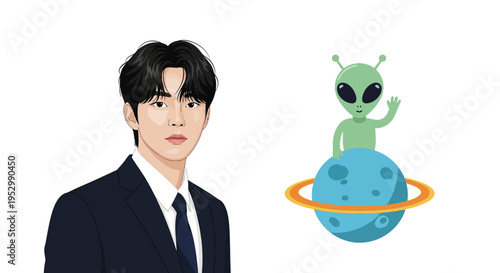 Man in Suit Meets Friendly Alien on Planet