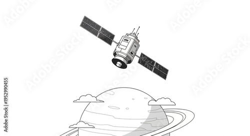 Satellite orbiting planet with rings and clouds, space exploration, technology concept