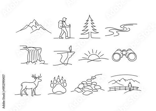 Mountain Hiking and Wilderness Adventure. Minimalistic set one-line drawing [mountain peak, hiker silhouette, pine tree, river stream, waterfall, cliff edge,