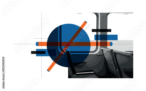 black and white interior of ferry window seat with ocean view outside, deep blue geometric circle anchoring layout and orange cylindrical shapes crossing