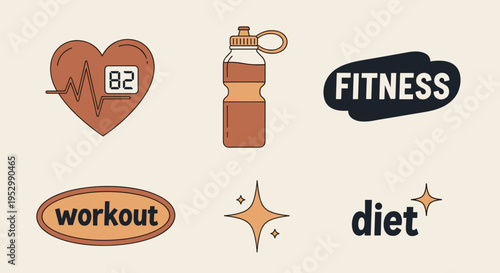 A collection of fitness-themed icons featuring a heart rate monitor, water bottle, and motivational words in a modern style
