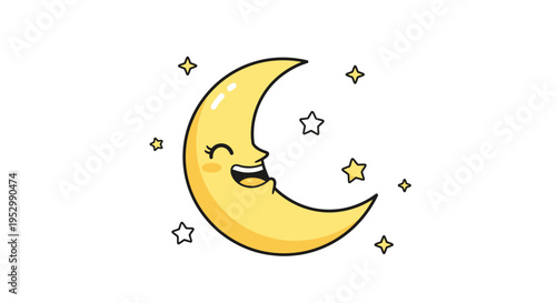 Happy Crescent Moon Character Smiling Among Twinkling Stars