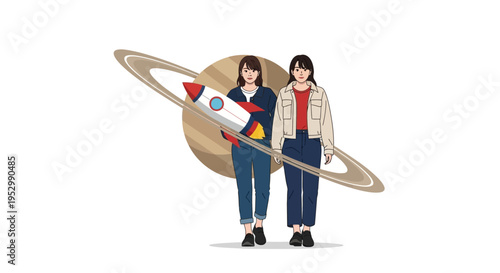 Two women holding a rocket in front of Saturn, symbolizing space exploration and dreams