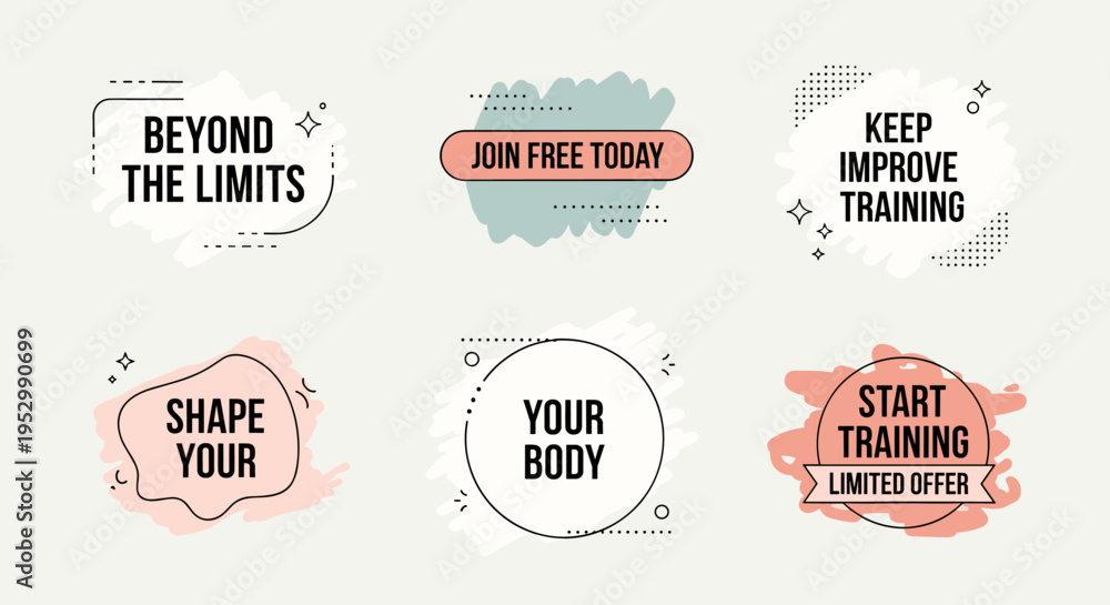 Obraz premium A collection of motivational fitness icons featuring modern design elements and pastel colors, ideal for wellness themes
