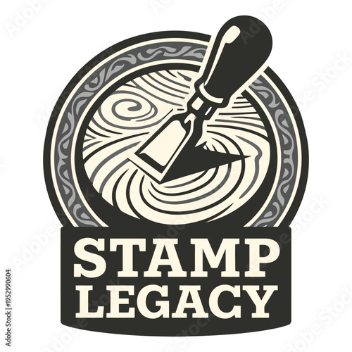 Vintage rubber stamp logo design with intricate swirls and classic typography showcasing legacy theme