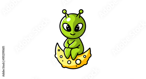 Cute cartoon alien sitting on cheese moon, funny extraterrestrial illustration