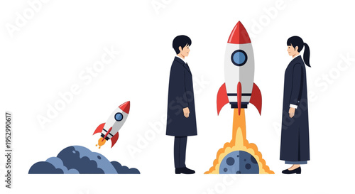Business Launch: Rocket Takes Off With Team Success & Innovation Concept
