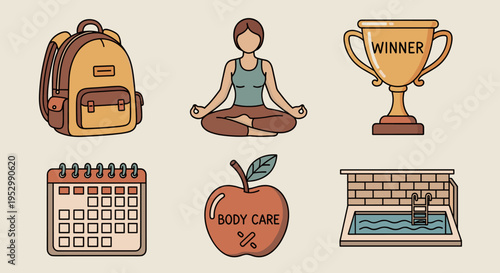 A collection of five colorful icons featuring a backpack, trophy, yoga figure, apple, and swimming pool, in a modern flat style